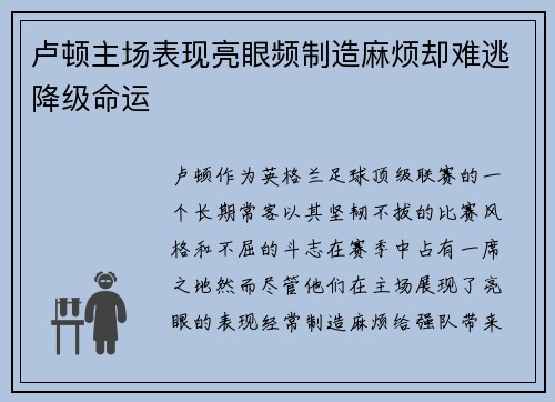 卢顿主场表现亮眼频制造麻烦却难逃降级命运