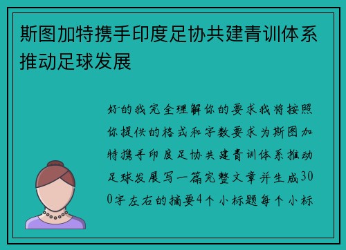 斯图加特携手印度足协共建青训体系推动足球发展